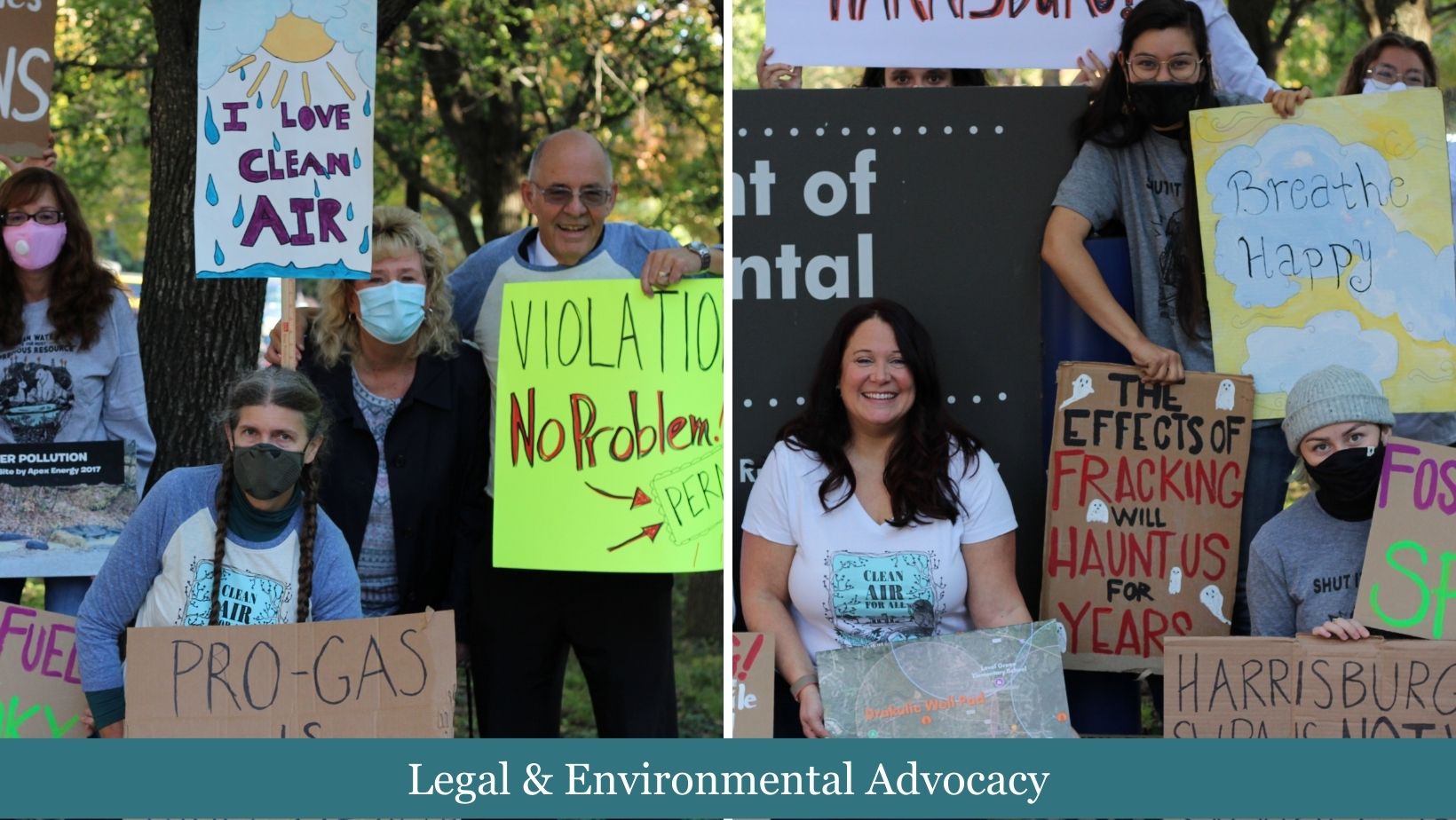 A collage of photos of people holding signs, smiling, cheering and posting for a photo